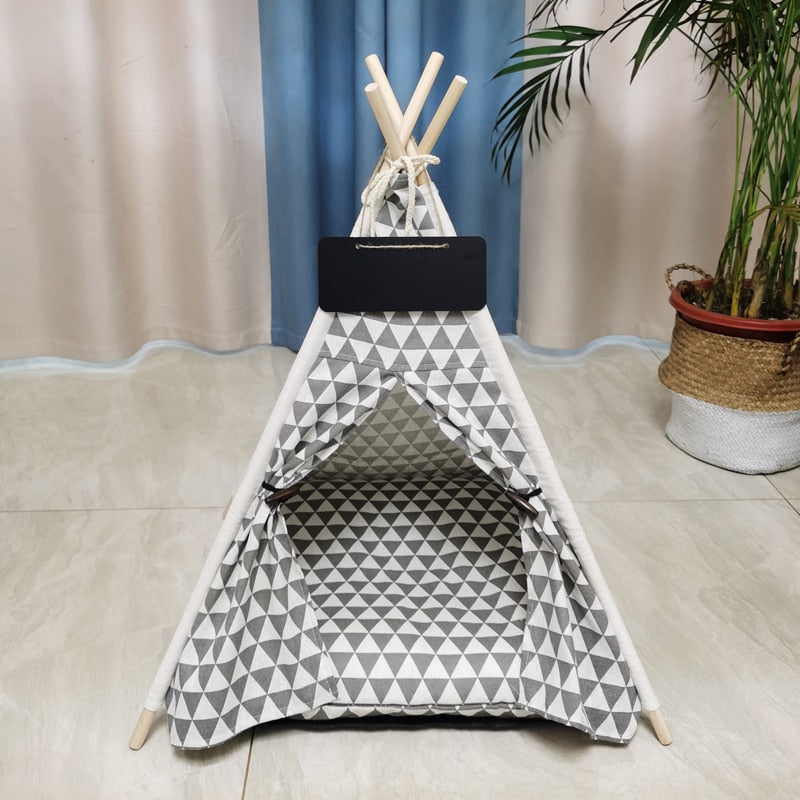 Pet Tent House Dog Bed Portable Removable Washable Teepee Puppy Cat Indoor Outdoor Kennels Cave with Cushion and Blackboard