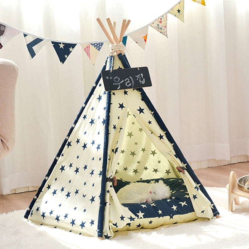 Pet Tent House Dog Bed Portable Removable Washable Teepee Puppy Cat Indoor Outdoor Kennels Cave with Cushion and Blackboard