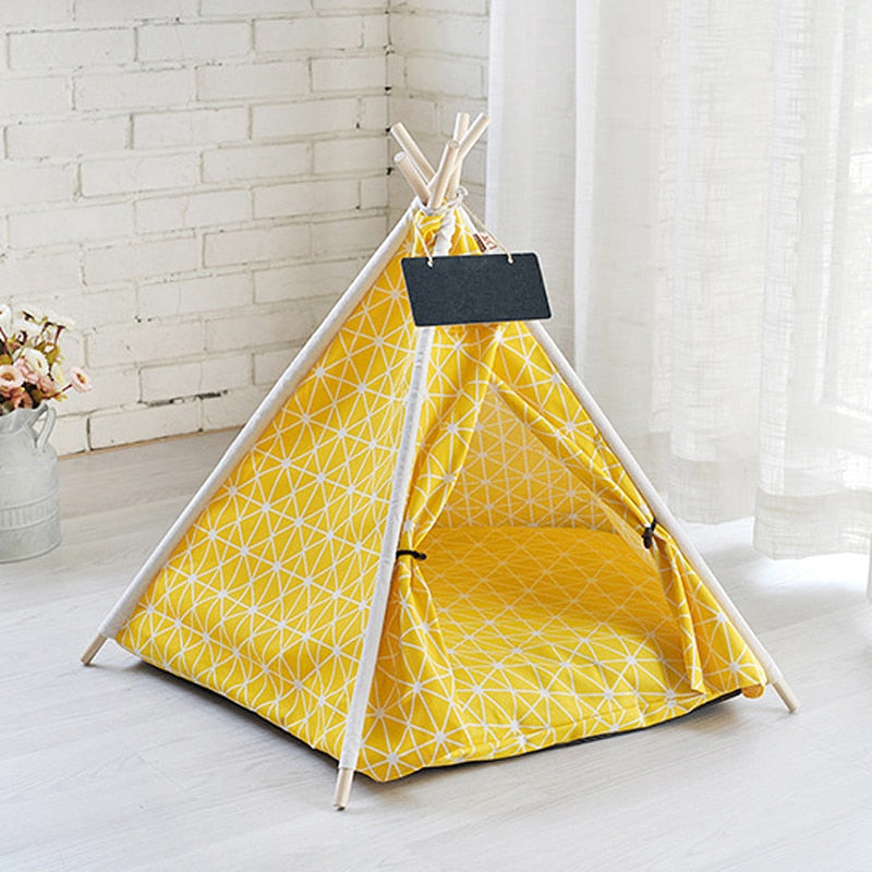 Pet Tent House Dog Bed Portable Removable Washable Teepee Puppy Cat Indoor Outdoor Kennels Cave with Cushion and Blackboard